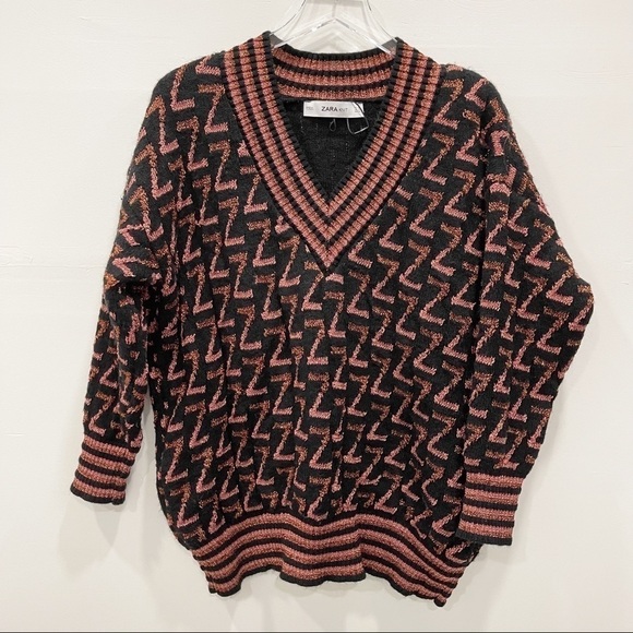 Zara Knit Metallic Z Logo Sweater Tunic Oversized V-Neck Small Blogger Favorite - Picture 1 of 8